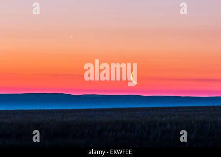 24 juin 2014 - Le dernier croissant lune sous Vénus, se levant à l'Est, vue de dessus le plat du sud de l'horizon des prairies Banque D'Images