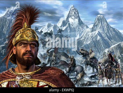 Portrait d'Hannibal et ses hommes traversant les Alpes. Banque D'Images