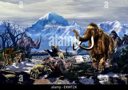 Deux Néandertaliens approche d'un groupe d'alimentation Machairodontinae sur un rhinocéros laineux avec un groupe de mammouths laineux sur la Banque D'Images