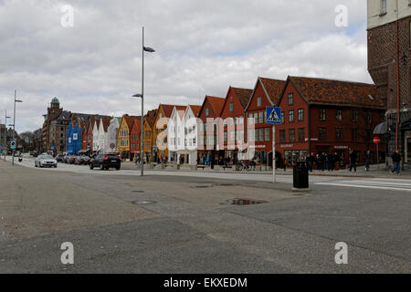 Le fameux Bryggen Hanseatic / Allemand Warf, Bryggen à Bergen, Norvège. Banque D'Images