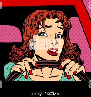 Accident de voiture pilote inexpérimenté femme pop art retro bd sty Banque D'Images