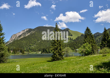 Spitzingsee romantique entourée de forêts de montagne foncé est le plus grand lac de montagne Bavière t Banque D'Images