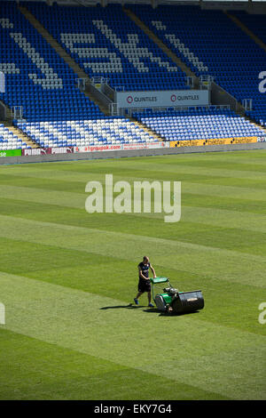 Groundsman de couper le gazon dans le stade de football avec la tondeuse traditionnelle Banque D'Images