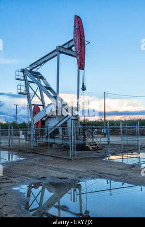 Un pumpjack et l'eau de surface à la fracturation et de puits de pétrole en site Shafter. Comté de Kern, situé au-dessus de la Monterey Shale, a vu un Banque D'Images