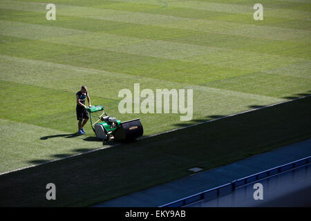 Groundsman de couper le gazon dans le stade de football avec la tondeuse traditionnelle Banque D'Images