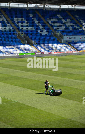 Groundsman de couper le gazon dans le stade de football avec la tondeuse traditionnelle Banque D'Images