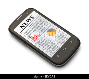 Téléphone cellulaire avec News sur écran isolé sur fond blanc. Banque D'Images