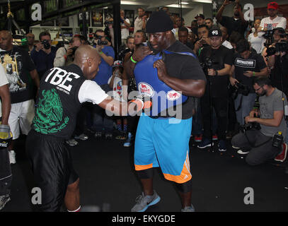 Las Vegas, Nevada, USA. 14 avr, 2015. World Super super-légers de boxe Floyd Mayweather jr tient des exercices pour son prochain combat avec Manny Pacquioa à Mayweather Boxing Club le 14 avril 2015 à Las Vegas, Nevada. Crédit : Marcel Thomas/ZUMA/Alamy Fil Live News Banque D'Images