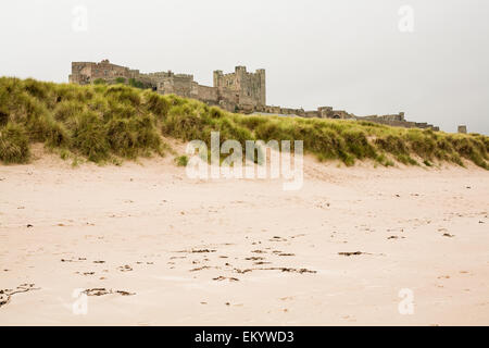 Château de bamburgh vue de la plage. Banque D'Images