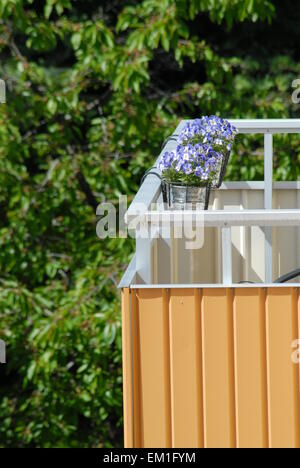 Balcon avec boîte à fenêtre avec fleurs bleues orientées vers l'intérieur pour des raisons de sécurité. Banque D'Images