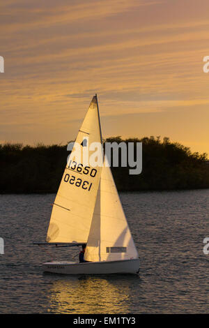 Southport, Merseyside, UK 15 avril, 2015. Météo britannique. 'Chers qui lancer' Coucher Soleil soir voile. West Lancashire les membres du Yacht Club de voile régate Marine Lake au crépuscule. Le West Lancashire Yacht Club (WLYC) est un club de yacht dans le Merseyside, en Angleterre, fondée en 1894. En 1999, le club a reçu le statut de champion de RYA Volvo/Club, reconnaissant le niveau de formation et la performance de ses membres dans les compétitions de voile. Credit : Mar Photographics/Alamy Live News Banque D'Images