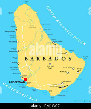 Carte Politique de la Barbade avec capital Bridgetown, avec des villes importantes, des lieux et des rivières. English l'étiquetage et à l'échelle. Banque D'Images