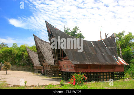 Maisons Batak traditionnel sur l'île de Samosir, Sumatra, Indonésie, Asie du sud-est Banque D'Images