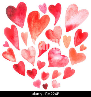 Belle aquarelle lumineuse coeur amoureux ensemble. Vector illustration Banque D'Images