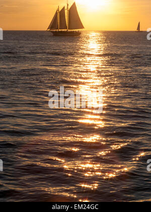 Voilier avec les touristes au large de Mallory Square pendant le coucher du soleil tous les jours la fête, Key West, Floride. Banque D'Images