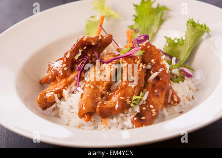 Poulet teriyaki avec de la salade et du riz sur le bac Banque D'Images