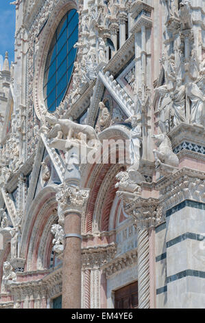 La Cathédrale de Sienne, vue de détail de la cannelure et volutes colorées sur les piliers de l'entrée est de la Duomo, Sienne, Toscane, Italie Banque D'Images