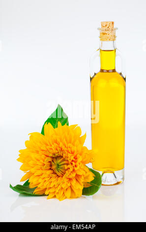 L'huile dans la bouteille en verre et de tournesols, isolated on white Banque D'Images