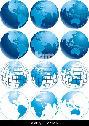 Vector illustration de trois différents globes terre bleu brillant, avec aspect différent Illustration de Vecteur