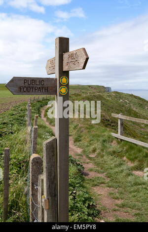 UK, falaises de Bempton, sentier signer le long de la côte. Banque D'Images