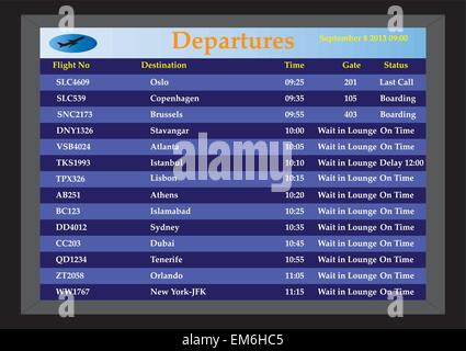 Une illustration d'un aéroport montrant les temps de vol Départs surveiller l'état des vols et destinations Illustration de Vecteur