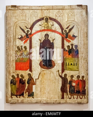 L'icône orthodoxe russe ancien. La protection de la Vierge peinte sur planche de bois. Banque D'Images