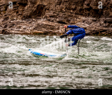 Un homme fallling de son conseil SUP sur la rivière Snake, WY Banque D'Images