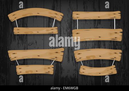 Bannières vecteur en bois brun et rubans suspendu à des cordes sur fond de bois Illustration de Vecteur