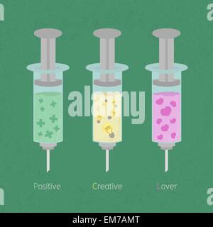 Seringue remplie d'un liquide la pensée positive , creative thinki Illustration de Vecteur