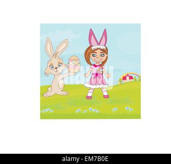 Fille en costume de lapin et lapin de Pâques doux Illustration de Vecteur