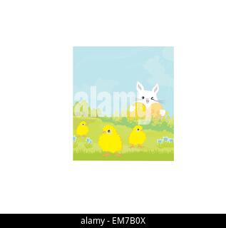 Carte de souhaits avec lapin de Pâques et sweet chicks Illustration de Vecteur