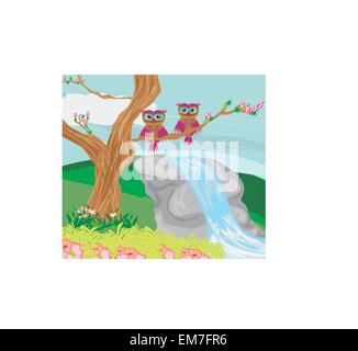 Sweet owls in spring scenery Illustration de Vecteur