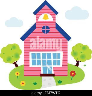 Bâtiment de l'école de dessin animé avec jardin isolated on white Illustration de Vecteur