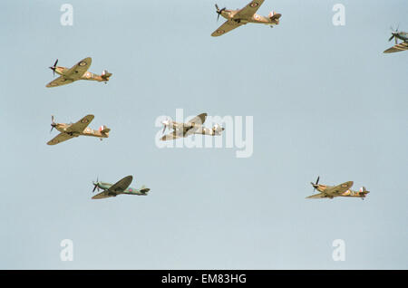 Spitfire et Hurricane vu ici pendant la défilé pour commémorer le 50e anniversaire de la bataille d'Angleterre. 15 Septembre 1990 Banque D'Images