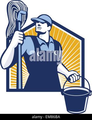 Janitor Cleaner Holding Seau Retro Illustration de Vecteur