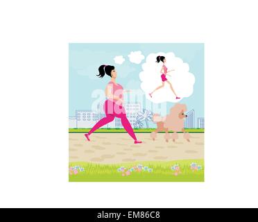 Young woman jogging,grosse fille rêve d'être une fille maigre Illustration de Vecteur