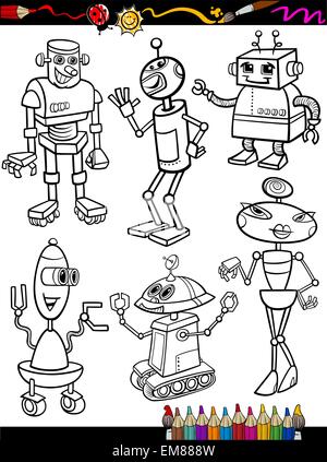 Dessin Animé Robots fixés pour Coloring Book Illustration de Vecteur