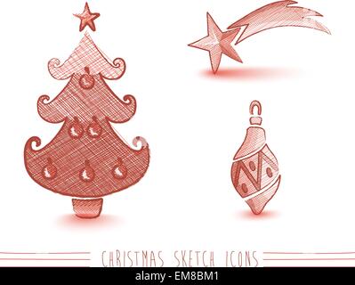 Joyeux Noël arbre style croquis rouge éléments énoncés EPS10. Illustration de Vecteur