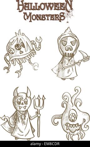 Monstres Halloween effrayant caricatures style sketch set10 EPS fichier. Illustration de Vecteur