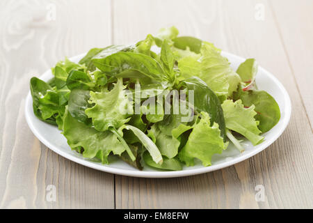 Salade mélange de différentes plantes sur table en bois Banque D'Images
