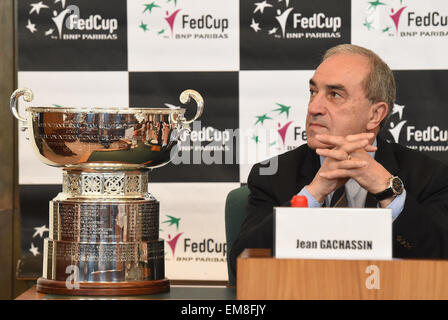 Fédération Française de Tennis Le président Jean Gachassin photographié au cours de tirage au sort, à Ostrava, en République tchèque, le 17 avril 2015. La République tchèque Republic-France Fed Cup match sera joué le 18 avril et le 19e, à Ostrava, en République tchèque. (Photo/CTK Jaroslav Ozana) Banque D'Images