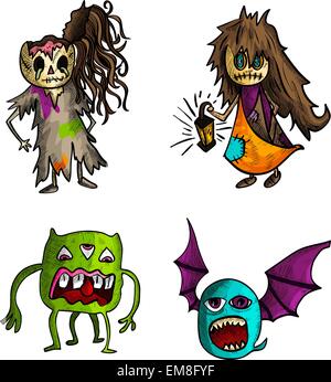 Monstres Halloween style croquis isolés ensemble créatures. Illustration de Vecteur