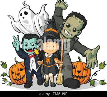 Sorcière, Vampire, Frankenstein, Ghost & Pumpkin Halloween de souhaits Illustration de Vecteur