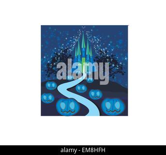 Fond d'Halloween avec des citrouilles et spooky castle Illustration de Vecteur