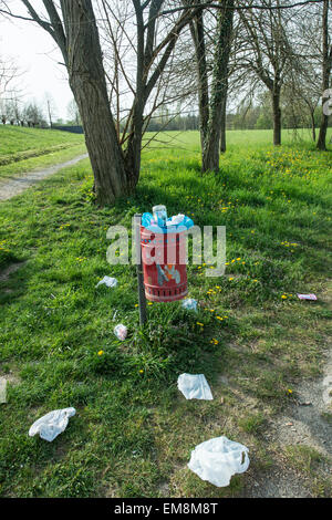 Corbeille dans le parc et les ordures sur la pelouse Banque D'Images