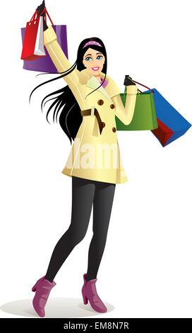 Shopping Girl en jaune - Vector Illustration Illustration de Vecteur