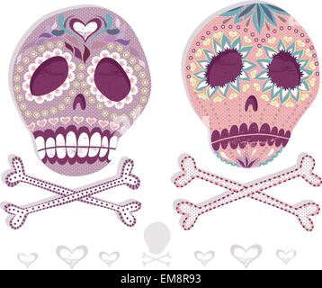 Crâne mexicain. Crânes colorés avec fleur et coeur ornamen Illustration de Vecteur
