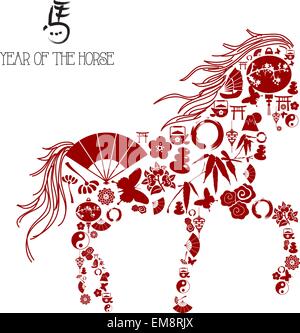Le nouvel an chinois du cheval : icônes de la composition. Illustration de Vecteur