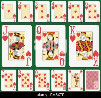 Cartes à jouer, de coeur costume, joker et retour. Taille double faces. Fond vert dans un autre niveau dans le fichier vectoriel Illustration de Vecteur