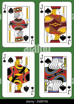 Quatre valets de pique en quatre styles différents sur un fond vert Illustration de Vecteur
